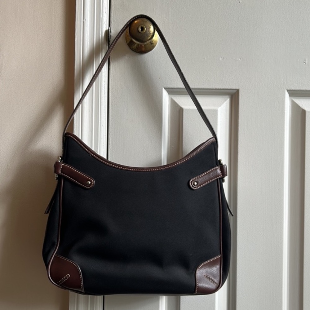 Vtg Etienne Aigner Black Canvas with Dark Brown Trim Shoulder Bag - Picture 2 of 12
